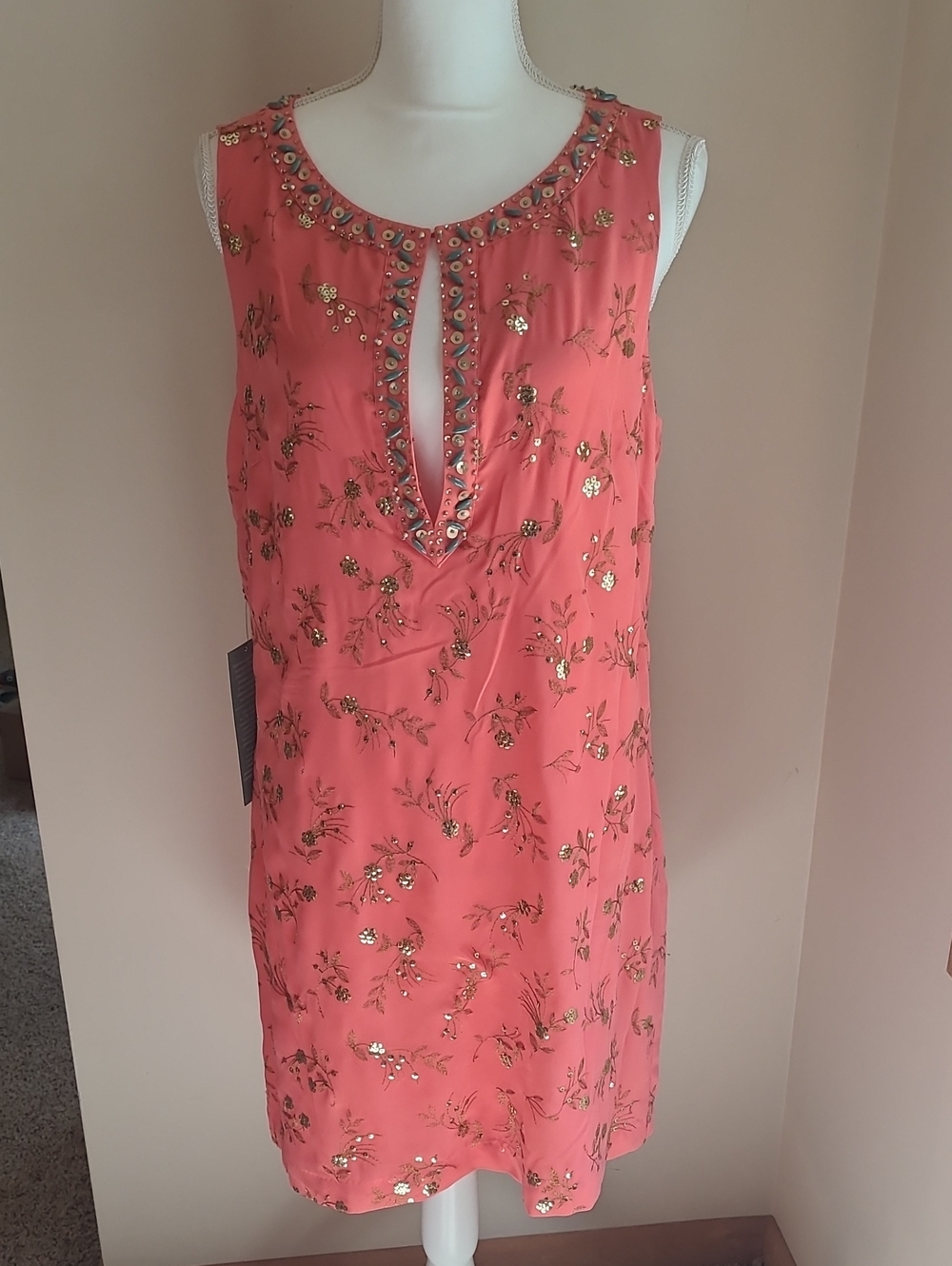Pearl Coral Sleeveless Embellished Shift Dress